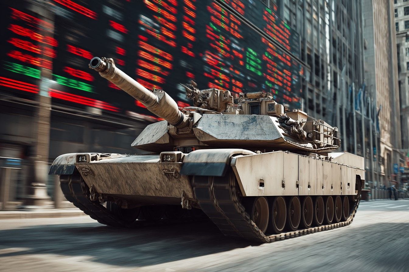 Panzer fährt durch eine Straße vorbei an einer Anzeige mit Börsenkursen
