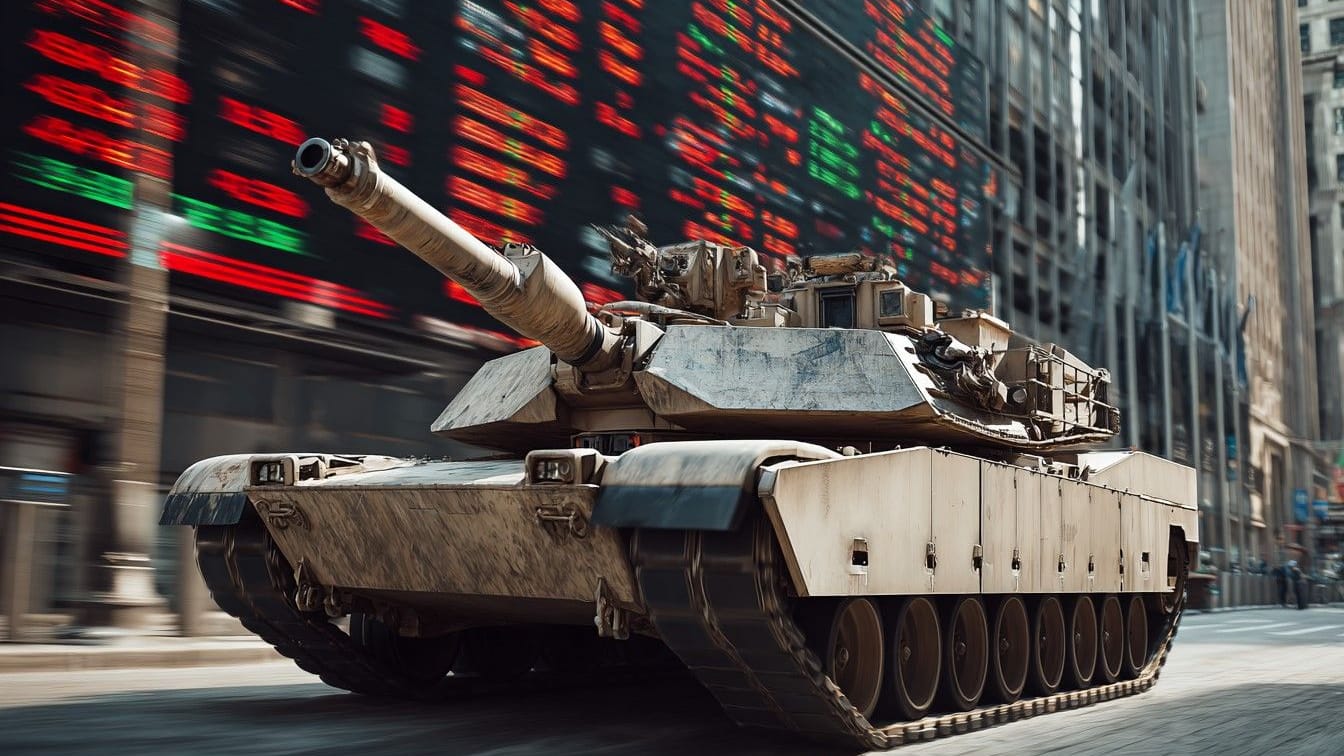 Panzer fährt durch eine Straße vorbei an einer Anzeige mit Börsenkursen Panzer fährt durch eine Straße vorbei an einer Anzeige mit Börsenkursen