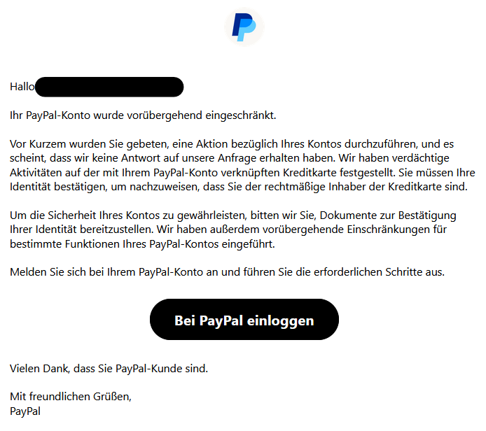Die E-Mail enthält Merkmale einer Betrugsnachricht wie eine dringende Handlungsaufforderung.