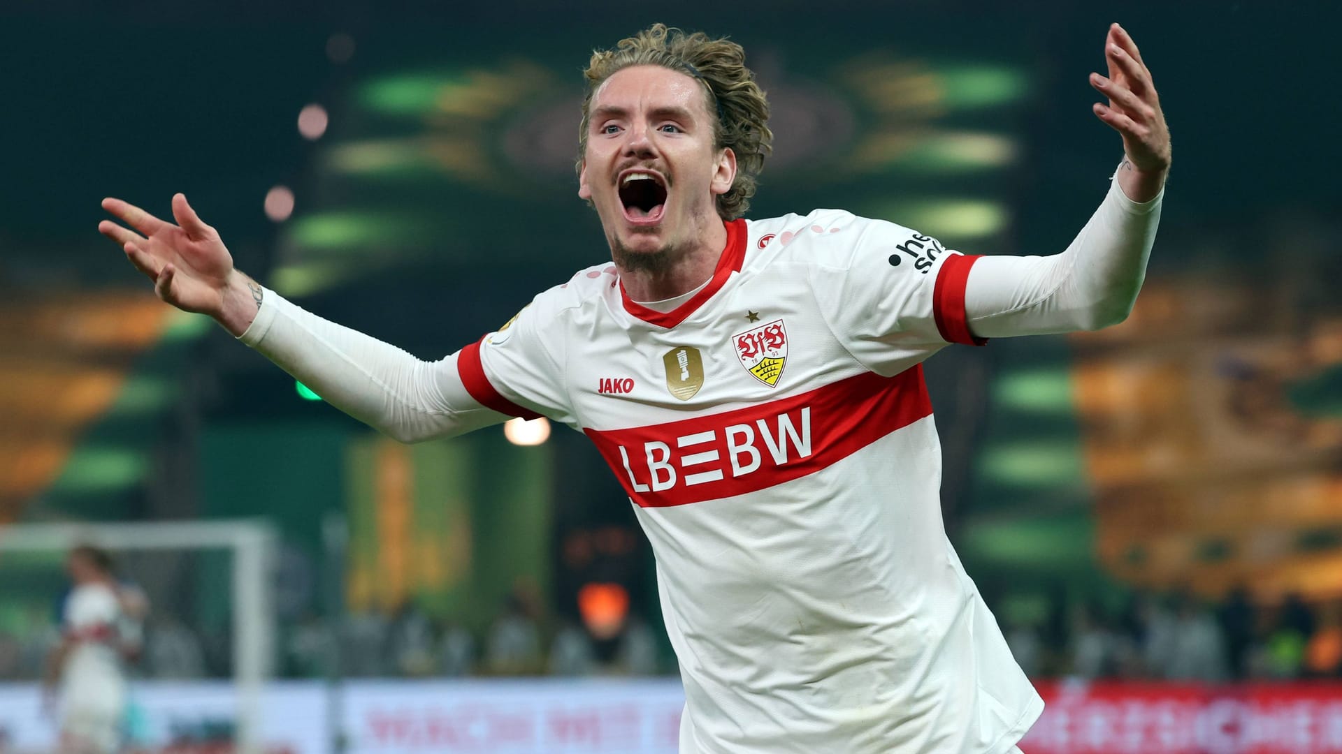 Stuttgarts Nick Woltemade beim Torjubel im DFB-Pokalfinale: Der Angreifer feierte vergangene Saison seinen Durchbruch.