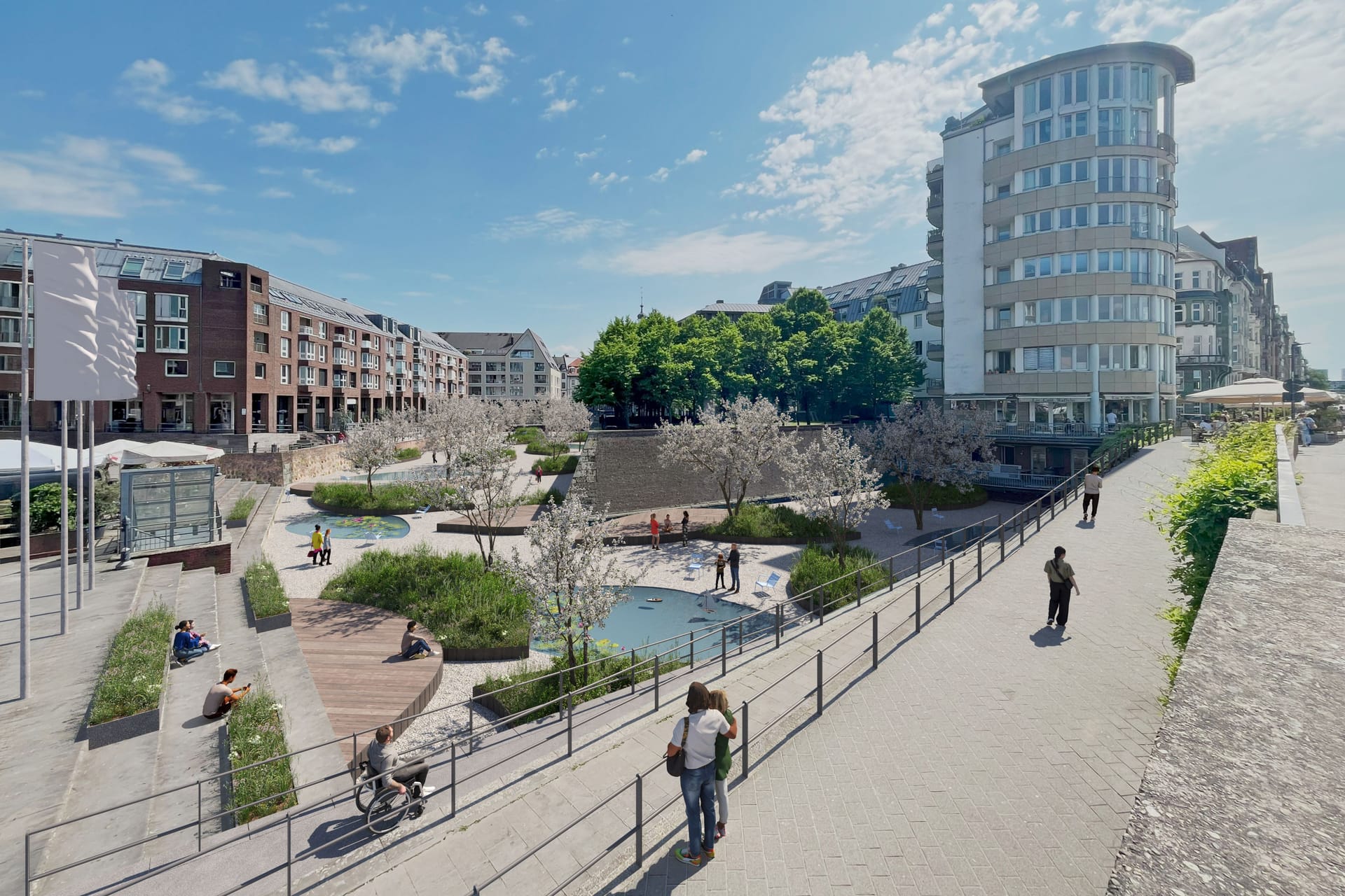 Eine Version für den Alten Hafen in Düsseldorf: Das Architekturbüro "Küss den Frosch" zeigte verschiedene Visualisierungen. Rechts die Rheinuferpromenade. Eine Version für den Alten Hafen in Düsseldorf: Das Architekturbüro "Küss den Frosch" zeigte verschiedene Visualisierungen. Rechts die Rheinuferpromenade.