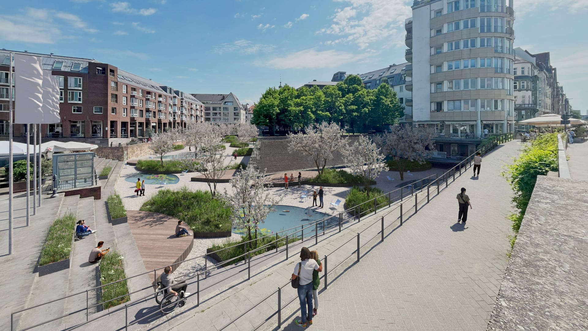 Eine Version für den Alten Hafen in Düsseldorf: Das Architekturbüro "Küss den Frosch" zeigte verschiedene Visualisierungen. Rechts die Rheinuferpromenade. Eine Version für den Alten Hafen in Düsseldorf: Das Architekturbüro "Küss den Frosch" zeigte verschiedene Visualisierungen. Rechts die Rheinuferpromenade.