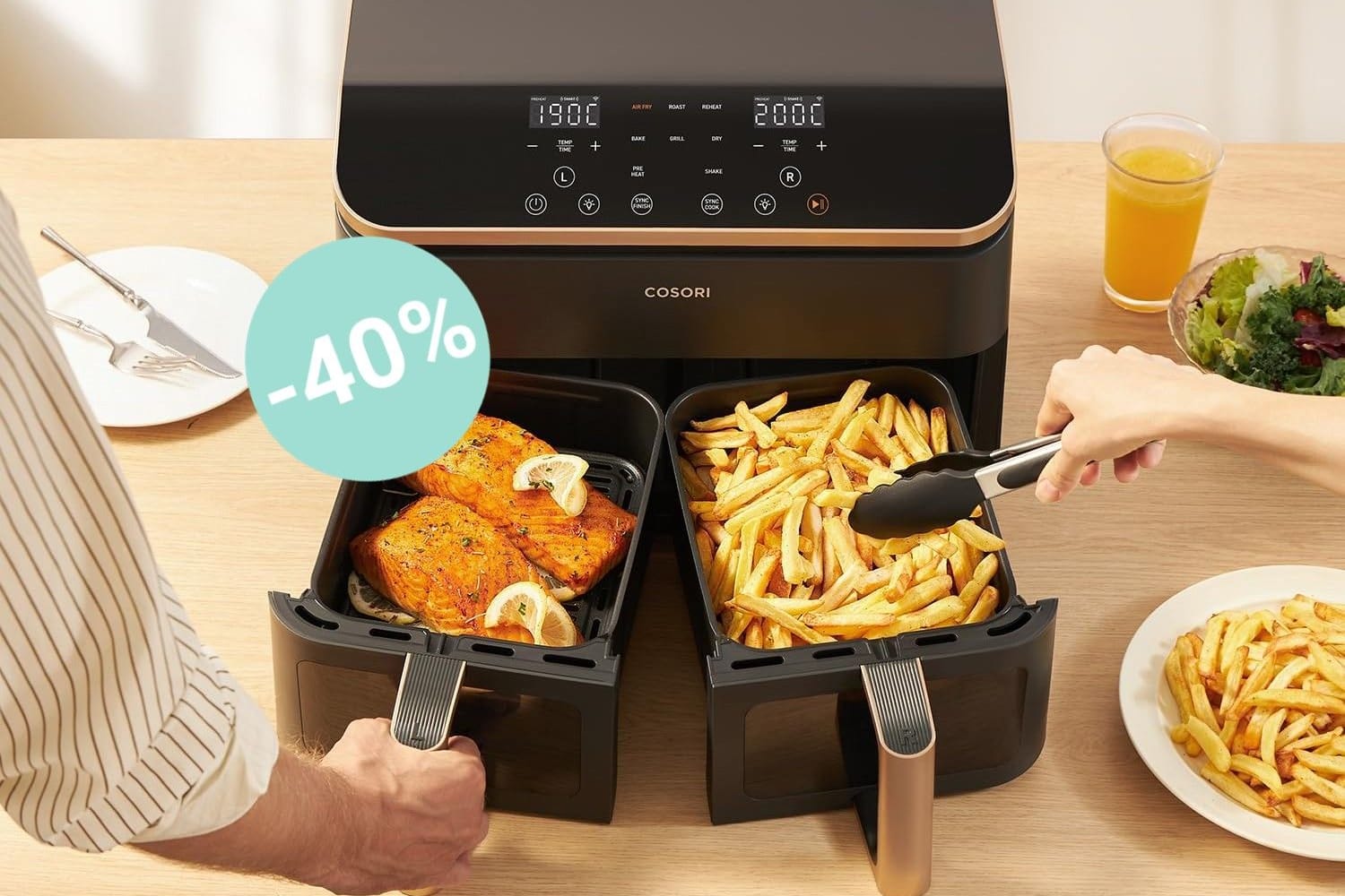 Airfryer-Angebot: Die Testsieger-Heißluftfritteuse von Cosori mit zwei Kammern gibt es bei Amazon mit Extra-Rabatt jetzt noch günstiger.