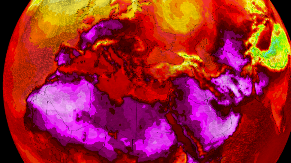 Eine Wetterprognose des ICON-Modells für den 3. Juli 2025: Die glole Karte zeigt, dass die Hitzewelle in Europa ähnliche Temperaturen erreicht wie auf der Südhalbkugel.