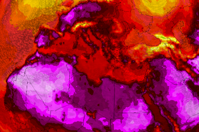 Eine Wetterprognose des ICON-Modells für den 3. Juli 2025: Die glole Karte zeigt, dass die Hitzewelle in Europa ähnliche Temperaturen erreicht wie auf der Südhalbkugel.