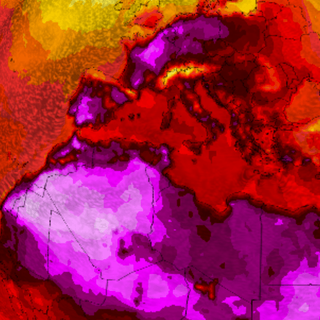 Eine Wetterprognose des ICON-Modells für den 3. Juli 2025: Die glole Karte zeigt, dass die Hitzewelle in Europa ähnliche Temperaturen erreicht wie auf der Südhalbkugel.