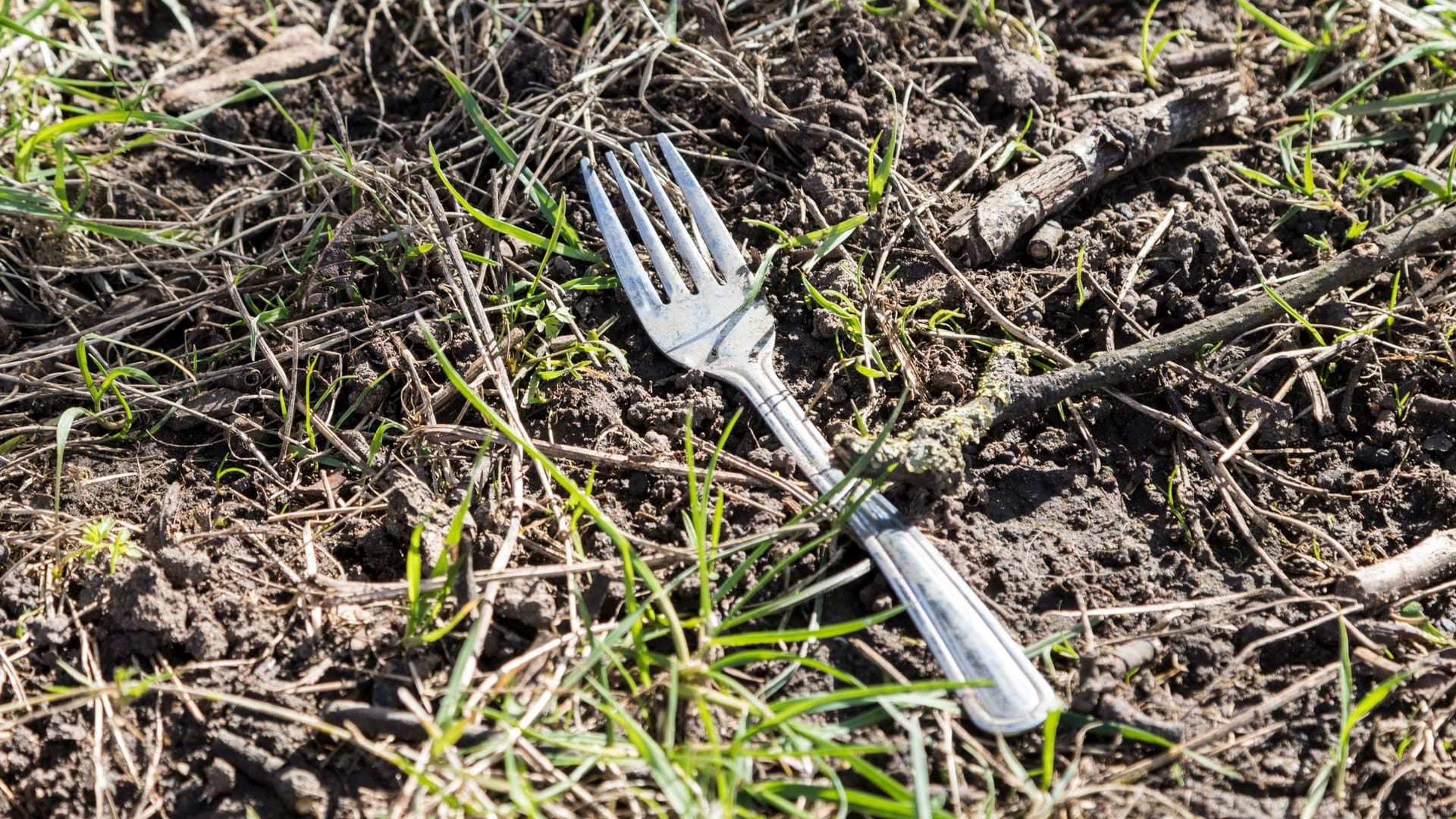 Besteck: Die Gabel kann entweder mit dem Griff nach unten in der Erde stecken oder lose im Beet liegen, heißt es.
