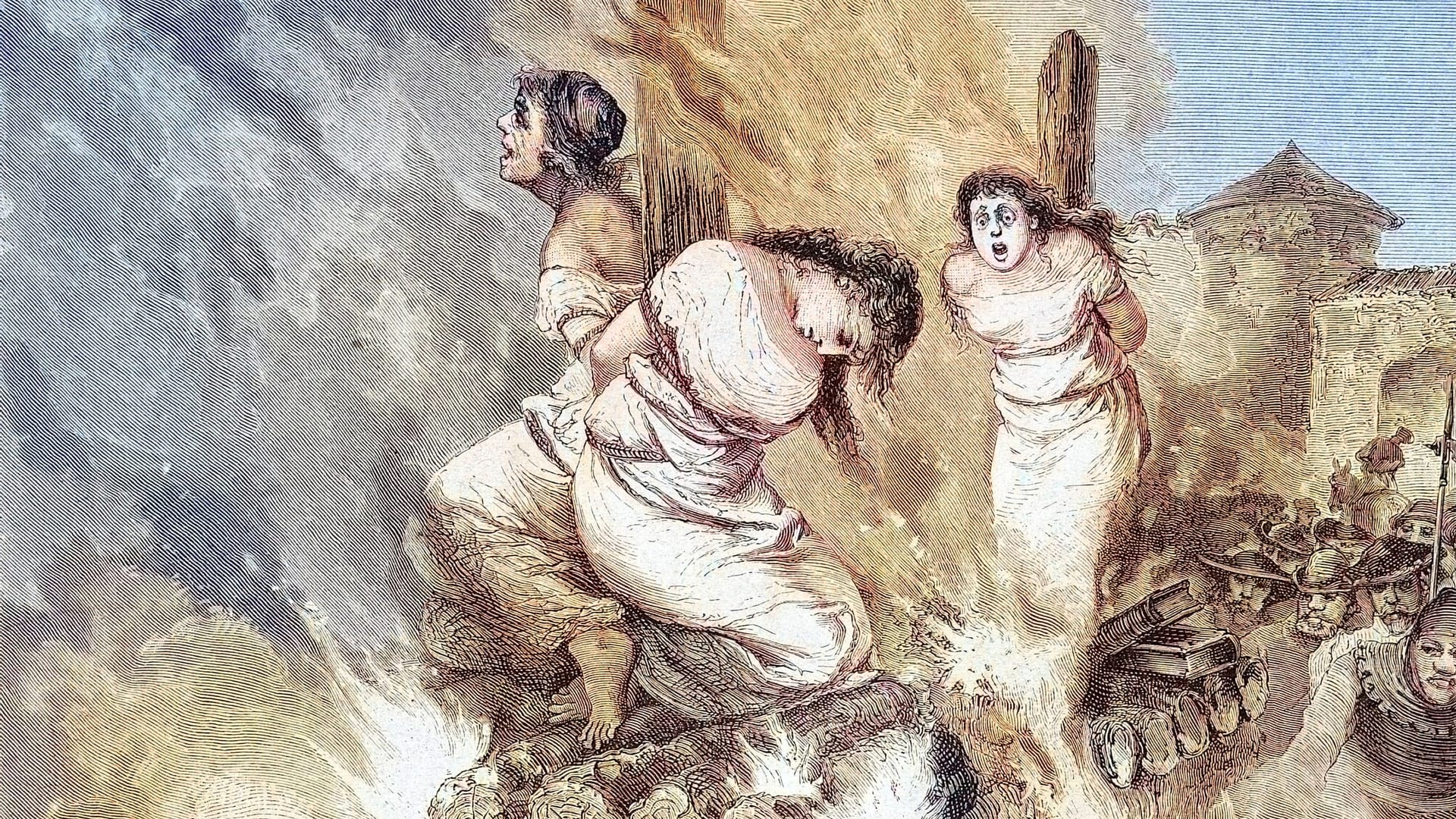 Drei Frauen auf dem Scheiterhaufen, historischer Stich von 1883: In den deutschsprachigen Gebieten begann der Höhepunkt der Hexenverfolgung im 16. Jahrhundert und dauerte bis ins 17. Jahrhundert an.