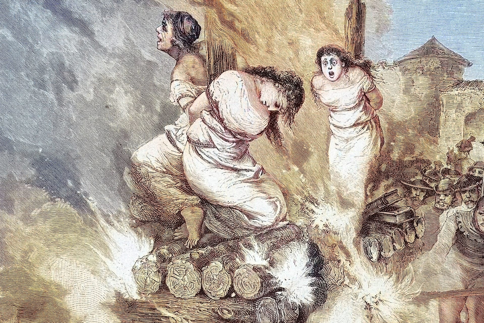Drei Frauen auf dem Scheiterhaufen, historischer Stich von 1883: In den deutschsprachigen Gebieten begann der Höhepunkt der Hexenverfolgung im 16. Jahrhundert und dauerte bis ins 17. Jahrhundert an.