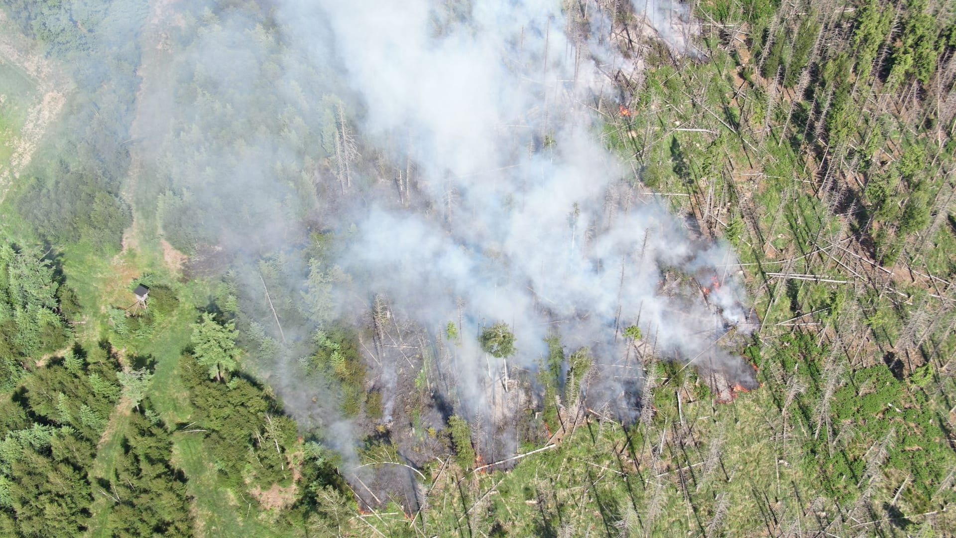Drohnenaufnahme eines Brandes im Arnsberger Wald bei Soest (Archivfoto): Das war der erste größere Waldbrand in NRW in diesem Sommer.