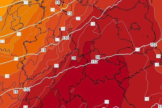 Luftmassenmodell für Sonntag, den 22. Juni: Es wird flächendeckend heiß in Deutschland.