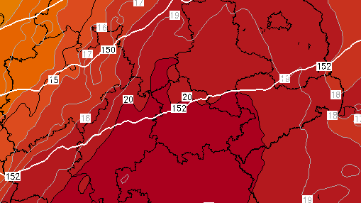 Luftmassenmodell für Sonntag, den 22. Juni: Es wird flächendeckend heiß in Deutschland.