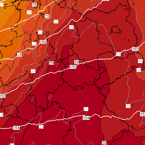 Luftmassenmodell für Sonntag, den 22. Juni: Es wird flächendeckend heiß in Deutschland.
