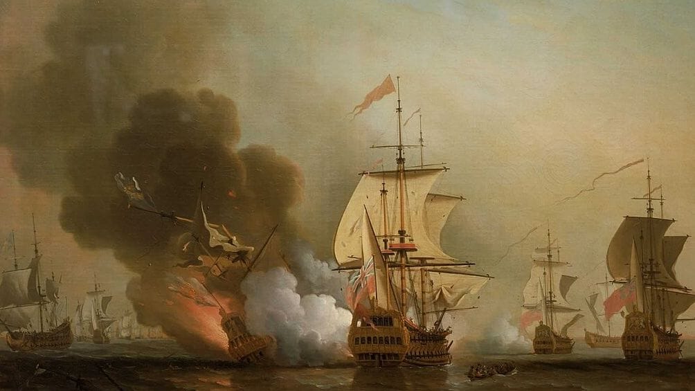 Ein Gemälde des Malers Samuel Scott zeigt die Schlacht, in der die San Jose von britischen Schiffen vernichtet wurde.