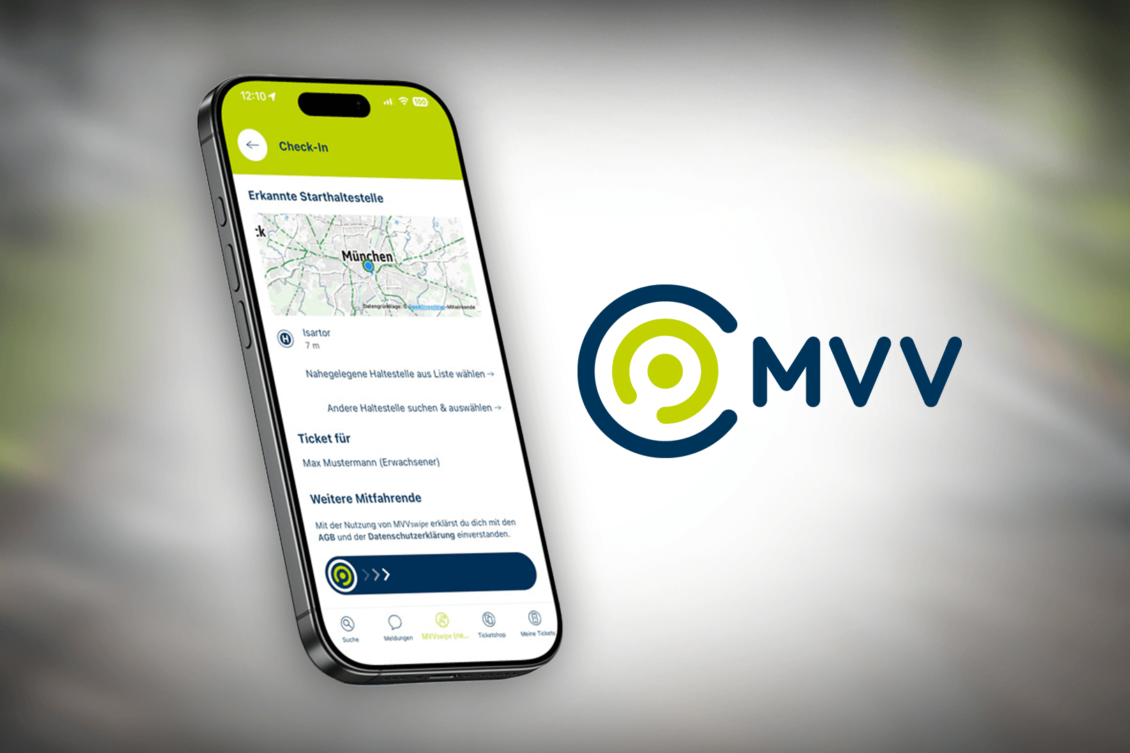Die neue "MVVswipe"-Funktion in der München-Navigator-App: Per Wisch kann eingechekt werden, dann wirds automatisch der günstigste Ticketpreis ermittelt.