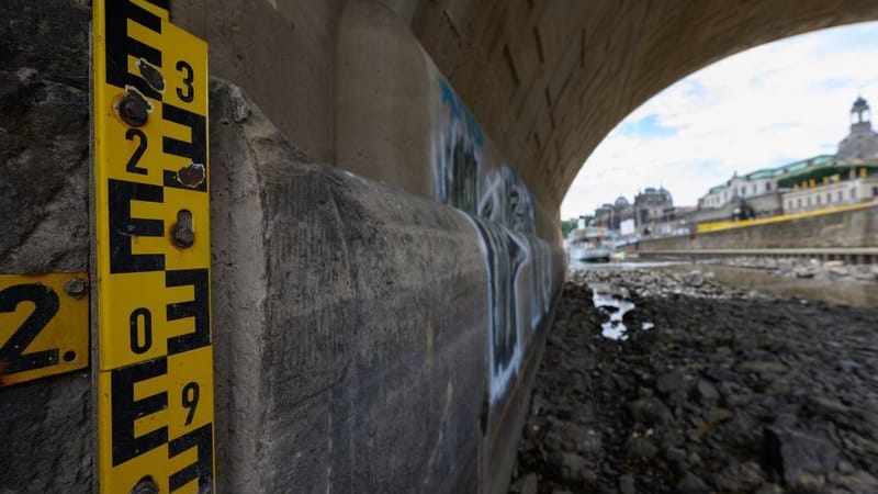 Eine Pegellatte ist unterhalb der Augustusbrücke an der Brühlschen Terrasse angebracht (Symbolbild): Immer mehr sächsische Flüsse steuern auf Niedrigwasser zu. Eine Pegellatte ist unterhalb der Augustusbrücke an der Brühlschen Terrasse angebracht (Symbolbild): Immer mehr sächsische Flüsse steuern auf Niedrigwasser zu.