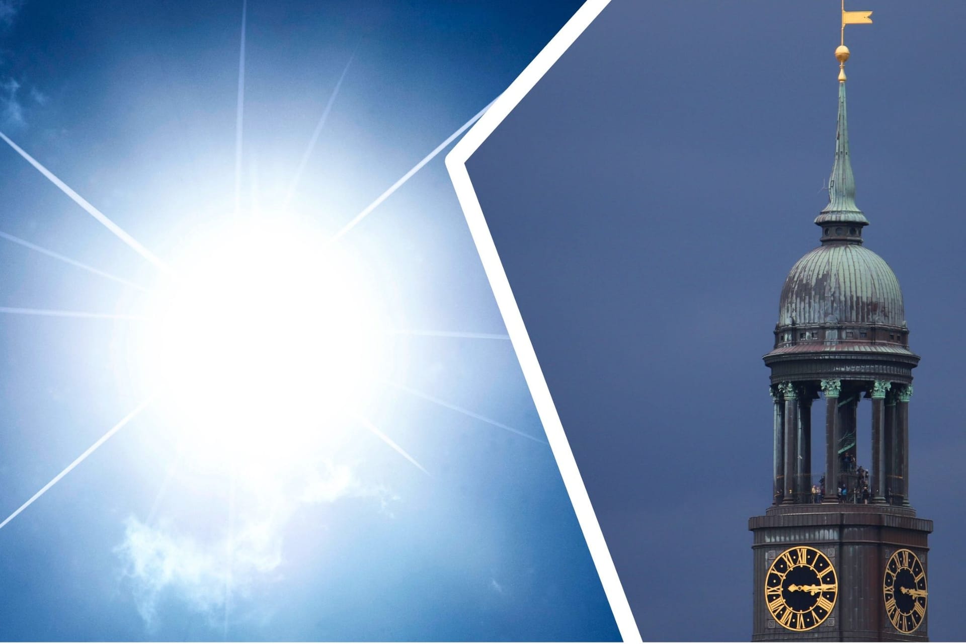 Sonne und der Hamburger Michel vor dunklem Himmel (Kollage): Es wird sommerlich und dann könnte es Hamburg knallen.