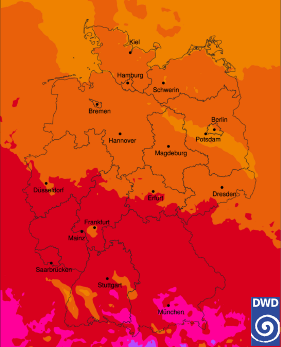 Die UV-Karte des DWD: In vielen Regionen gilt Alarmstufe Rot.