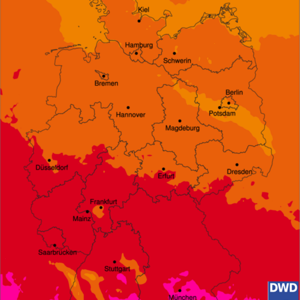 Die UV-Karte des DWD: In vielen Regionen gilt Alarmstufe Rot.