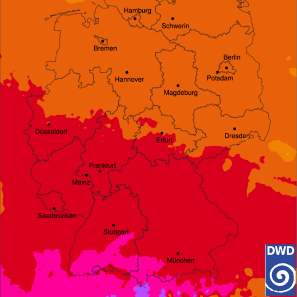 Die UV-Warnkarte des Deutschen Wetterdienstes: In Teilen Baden-Württembergs und Bayerns gilt Stufe 9 von 11.