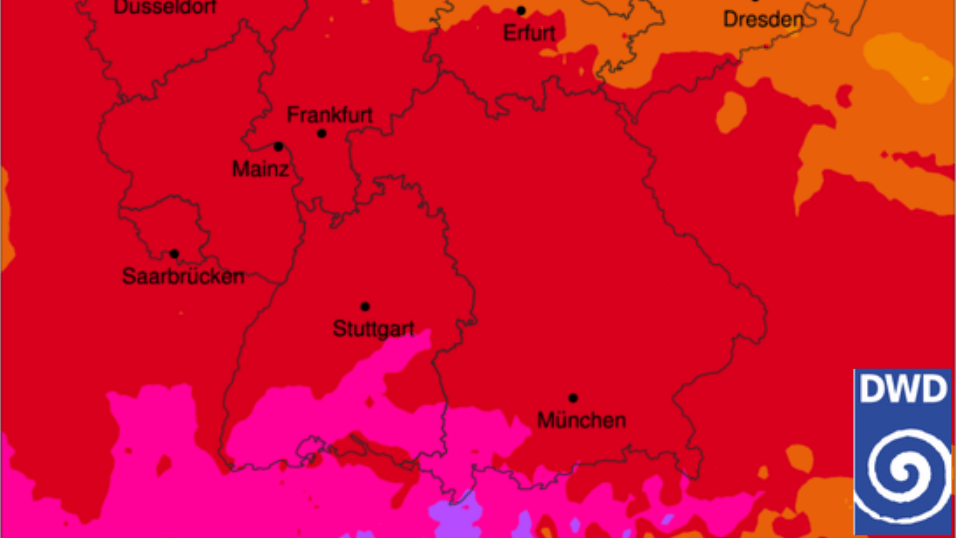 Die UV-Warnkarte des Deutschen Wetterdienstes: In Teilen Baden-Württembergs und Bayerns gilt Stufe 9 von 11.