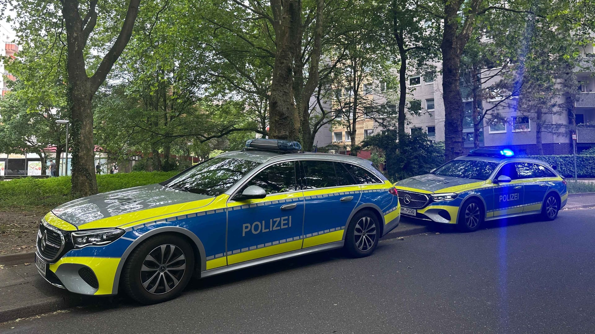 Zwei Streifenwagen der Polizei am Gropiusring in Hamburg-Wandsbek: Mitglieder von zwei Familien schlugen in Steilshoop aufeinander ein. Zwei Streifenwagen der Polizei am Gropiusring in Hamburg-Wandsbek: Mitglieder von zwei Familien schlugen in Steilshoop aufeinander ein.