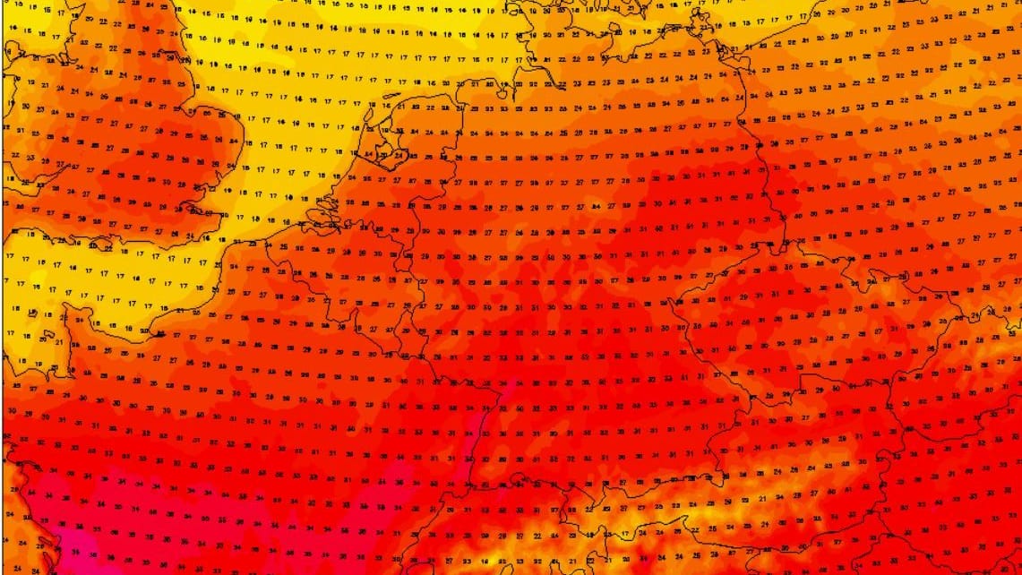 Die Temperatur am Sonntag, dem 29. Huni 2025, um 18 Uhr nach einem Lauf des ICON-Wettermodells
