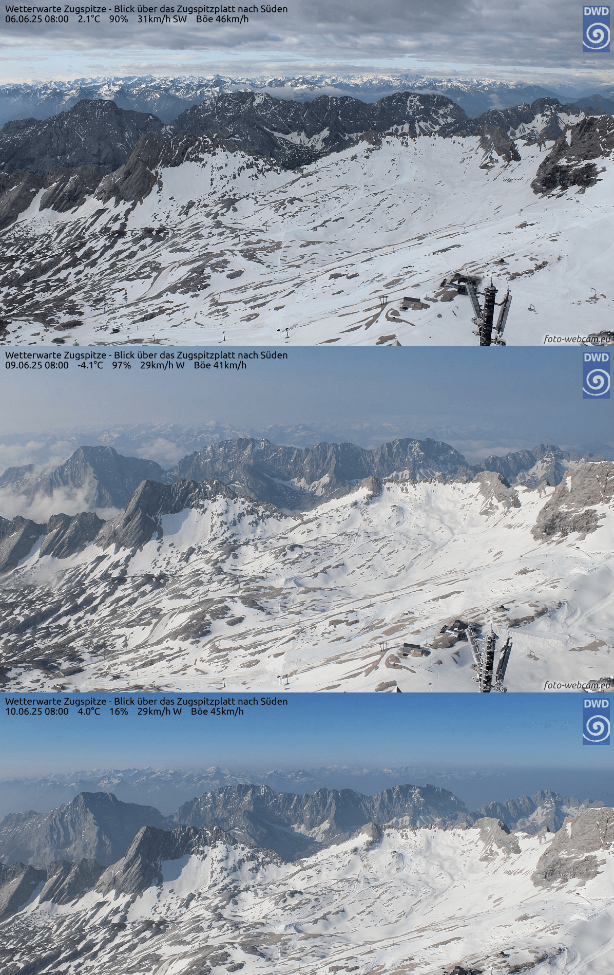 Webcamaufnahmen mit Blick über das Zugspitzblatt: Die Sicht ist derzeit stark getrübt.