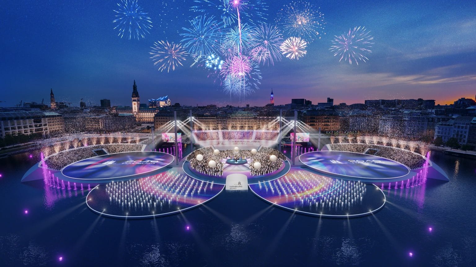 Spektakel auf dem Wasser: Mit Lichtshow und Feuerwerk plant Hamburg ein unvergessliches Olympia-Event mitten in der Stadt. Spektakel auf dem Wasser: Mit Lichtshow und Feuerwerk plant Hamburg ein unvergessliches Olympia-Event mitten in der Stadt.
