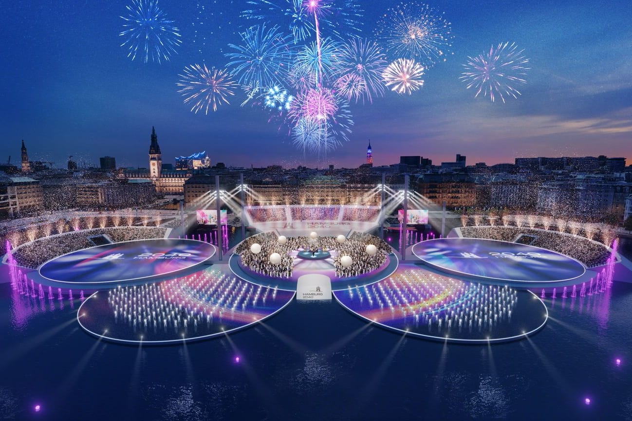 Spektakel auf dem Wasser: Mit Lichtshow und Feuerwerk plant Hamburg ein unvergessliches Olympia-Event mitten in der Stadt.
