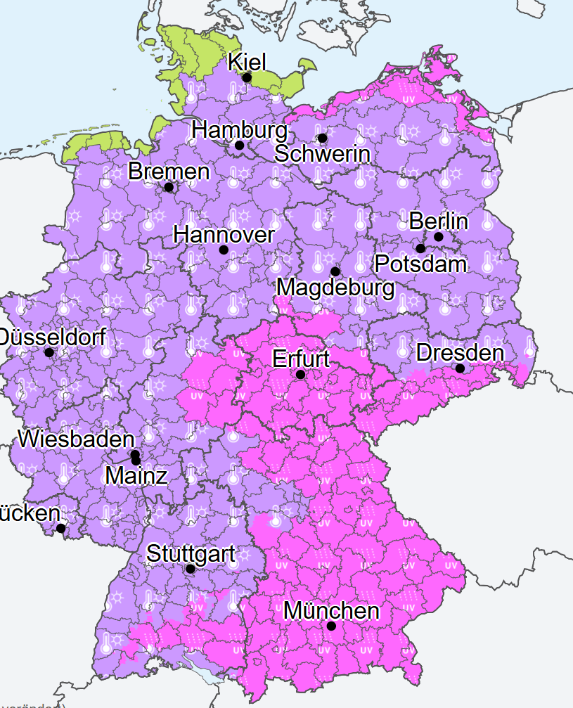 Die Warnkarte des Deutschen Wetterdienstes: Für Sonntag warnt der DWD vor Hitze und hoher UV-Belastung.
