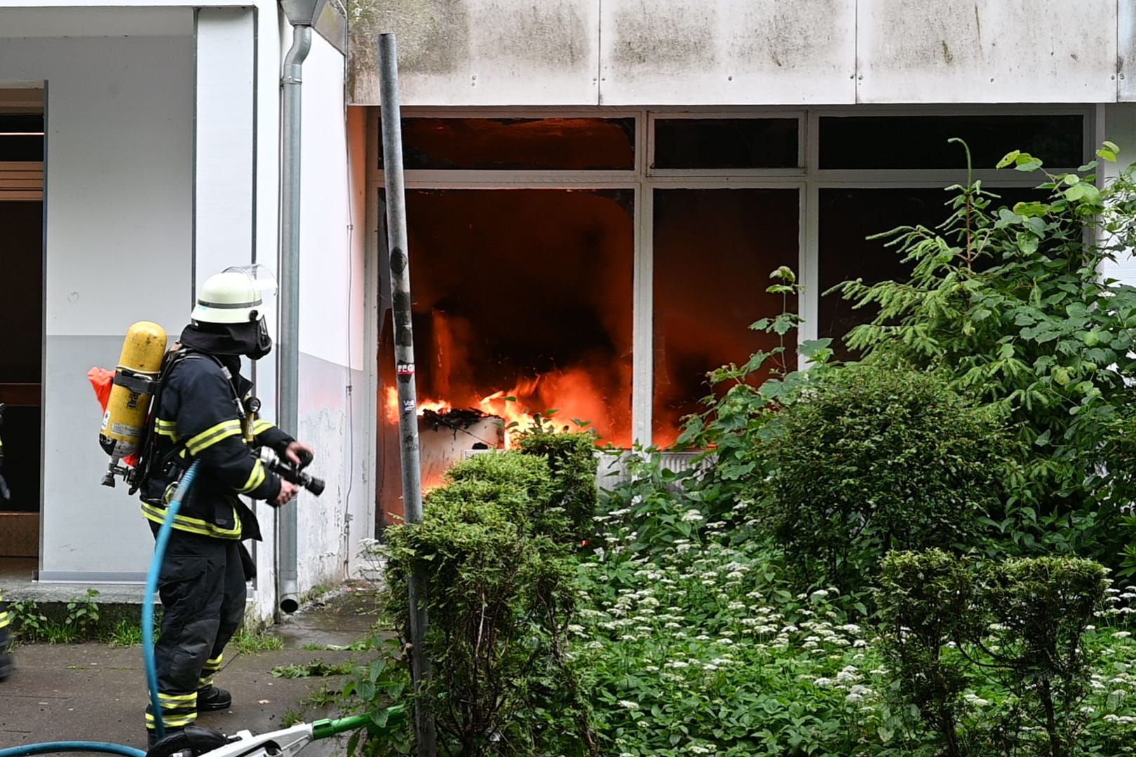 Feuerwehrleute in Wilstorf am Montagabend: Mehrere Menschen atmeten die giftigen Gase ein.