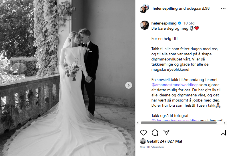 Martin Ødegaard und seine Frau Helene: Das Paar zeigt Hochzeitsfotos auf Instagram.