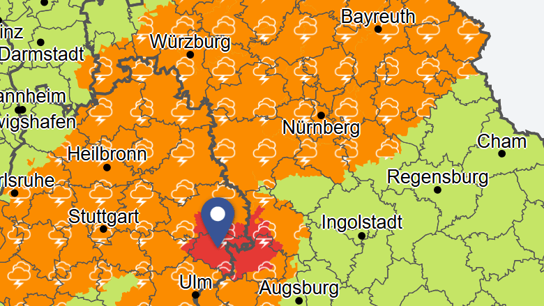 Die Warnkarte des Deutschen Wetterdienstes (Stand 16.30 Uhr): Für Teile Baden-Württembergs und Thüringens galt eine Unwetterwarnung.