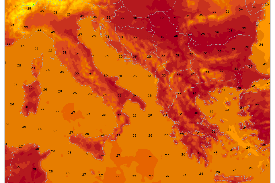 Die vorhergesagten Temperaturen in zwei Metern Höhe am Donnerstag: Südeuropa ächzt unter einer Hitzewelle.