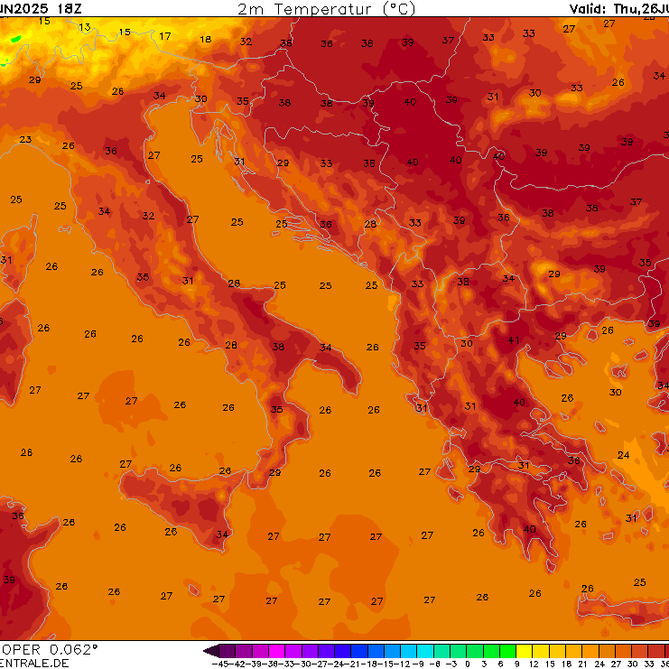 Die vorhergesagten Temperaturen in zwei Metern Höhe am Donnerstag: Südeuropa ächzt unter einer Hitzewelle.
