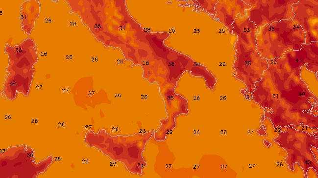 Die vorhergesagten Temperaturen in zwei Metern Höhe am Donnerstag: Südeuropa ächzt unter einer Hitzewelle.