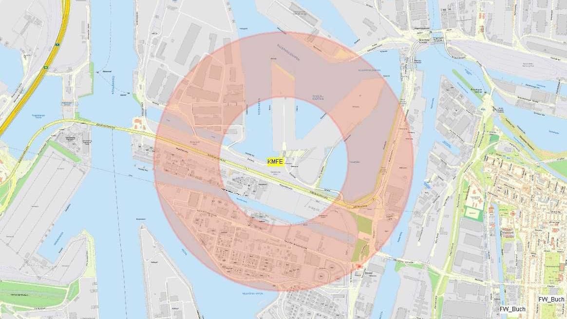 Der Sperrradius um die Fundstelle der Fliegerbombe im Bereich Köhlbrandbrücke.