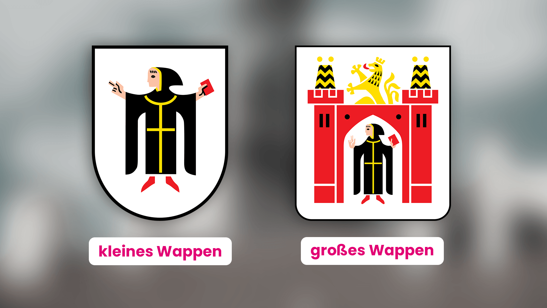Kleines und großes Stadtwappen Münchens im Vergleich: Das kleine wird im städtischen Alltag verwendet, während das große Wappen mit Tor und Löwe für festliche Anlässe dient.
