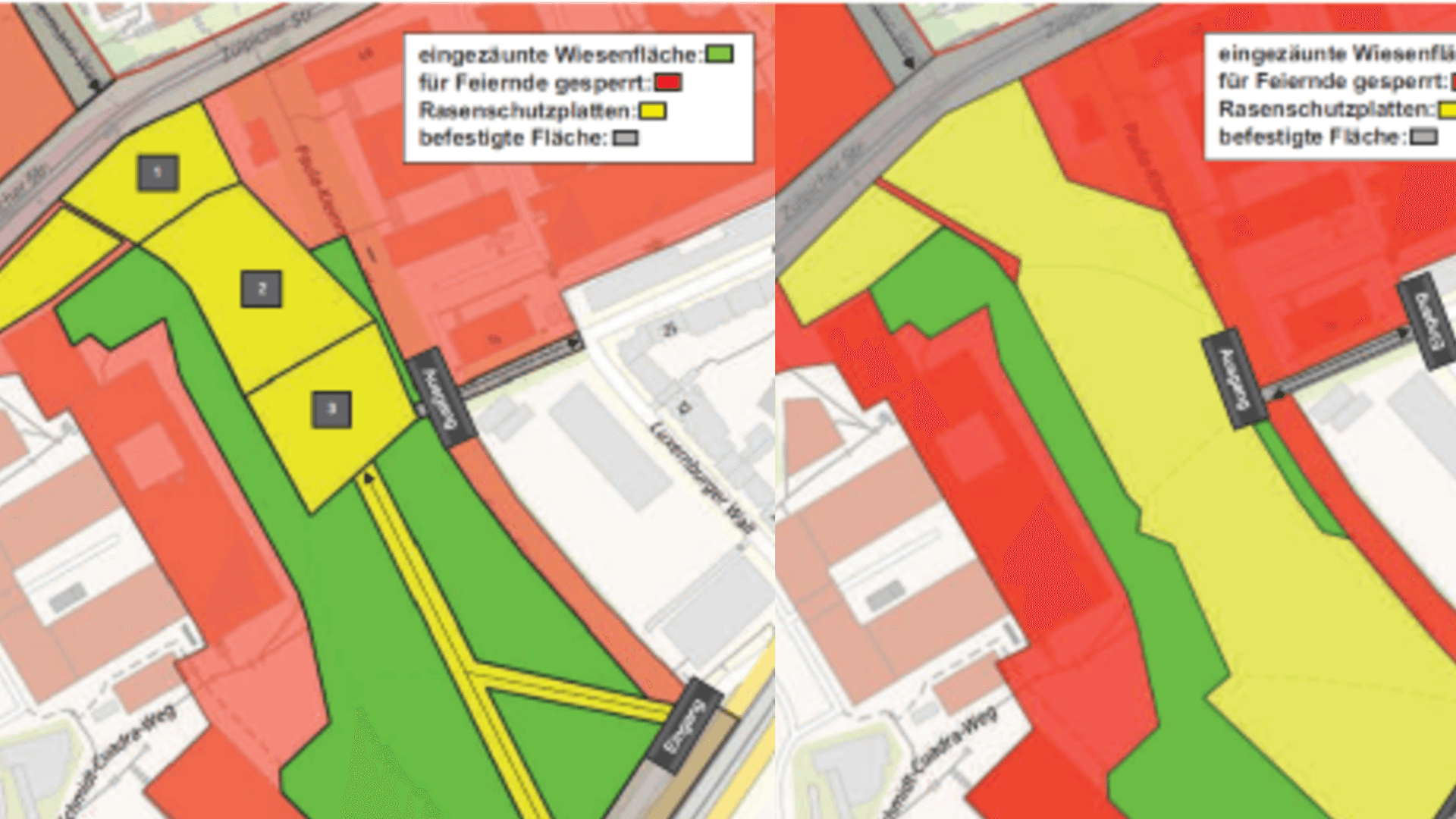 Die neu geplante Nutzung der Uniwiese (links) und die genutzte Fläche der Uniwiese während des Straßenkarnevals 2025 (rechts).