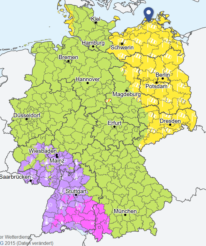 Die Warnkarte des Deutschen Wetterdienstes: Im Nordosten warnen die Meteorologen vor Windböen, im Südwesten vor starker Hitze.