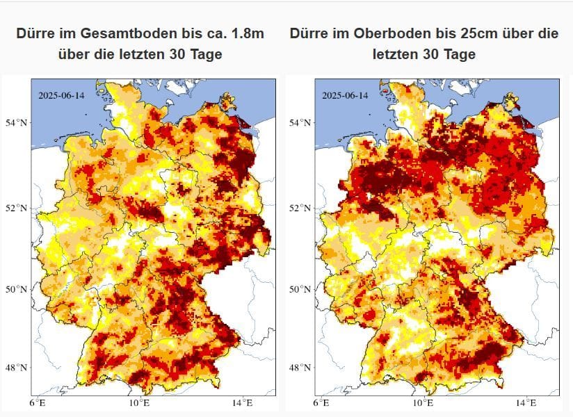 Dürre im Gesamtboden (l.) un dim Oberboden (r.) am 16. juni 2025.