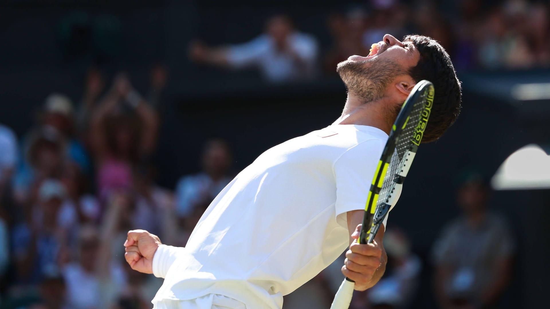 Carlos Alcaraz schreit seine Freude heraus: Er möchte den dritten Wimbledon-Titel in Folge.