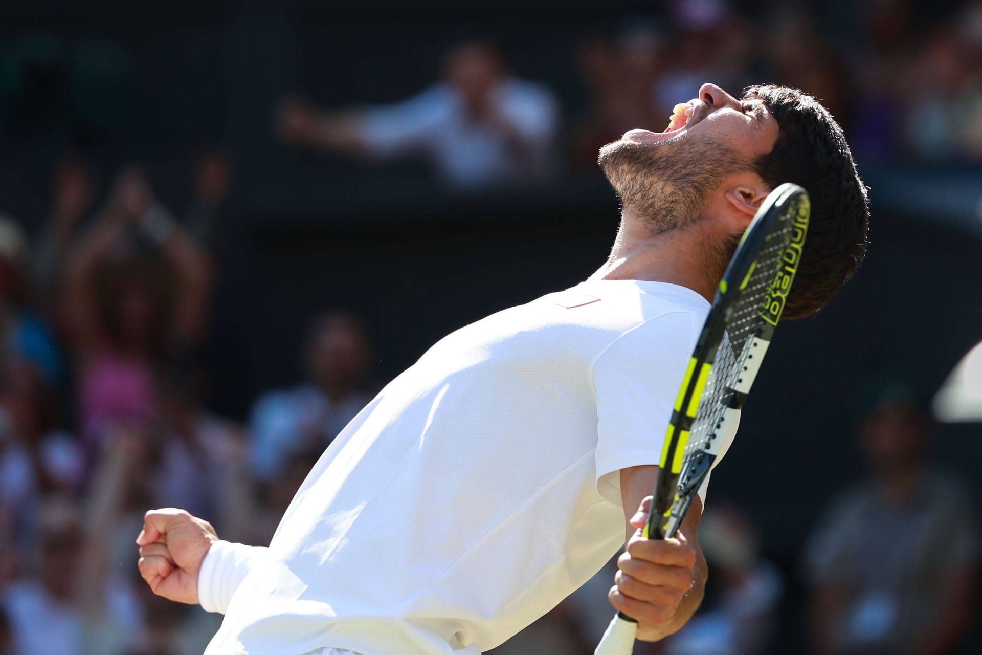 Carlos Alcaraz schreit seine Freude heraus: Er möchte den dritten Wimbledon-Titel in Folge.