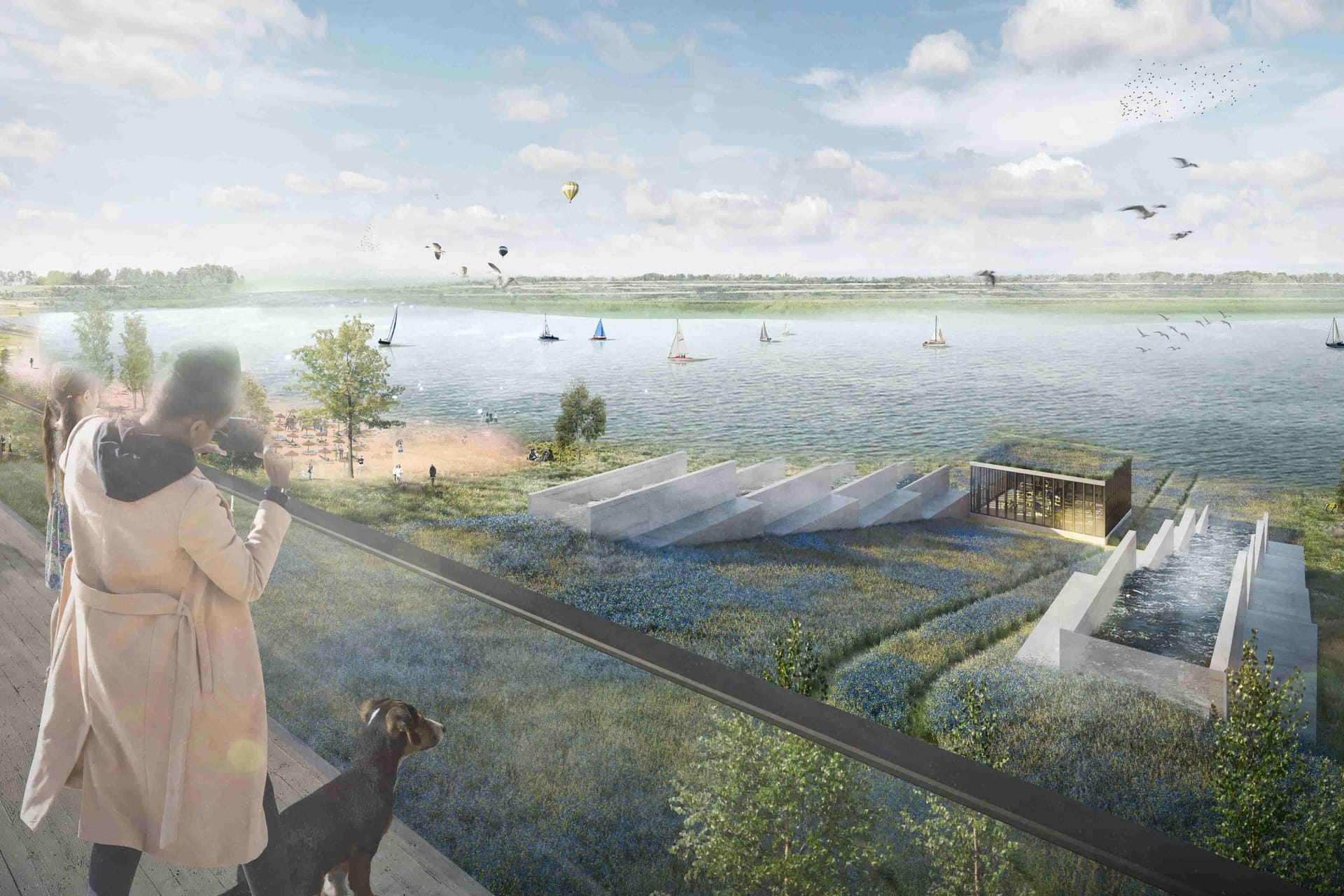 Diese Visualisierung zeigt eine geplante Aussichtsterrasse am Hambacher See.