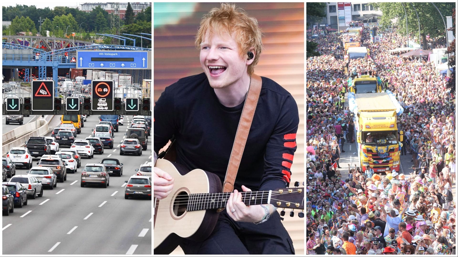 Der Elbtunnel, Sänger Ed Sheeran und der Schlagermove (Kollage mit Archivbildern): Hamburg erwartet ein staureiches Wochenende.