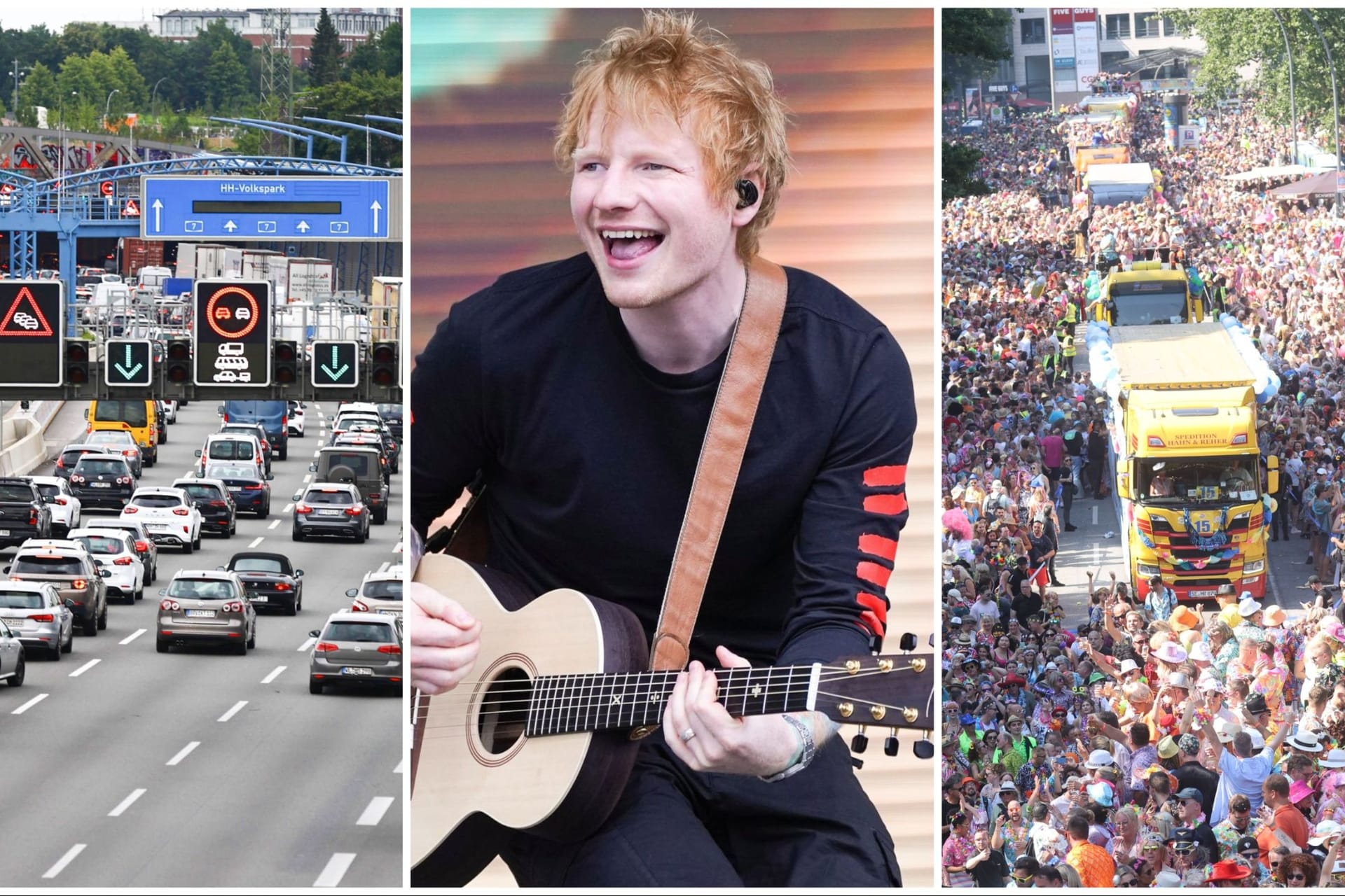 Der Elbtunnel, Sänger Ed Sheeran und der Schlagermove (Kollage mit Archivbildern): Hamburg erwartet ein staureiches Wochenende.