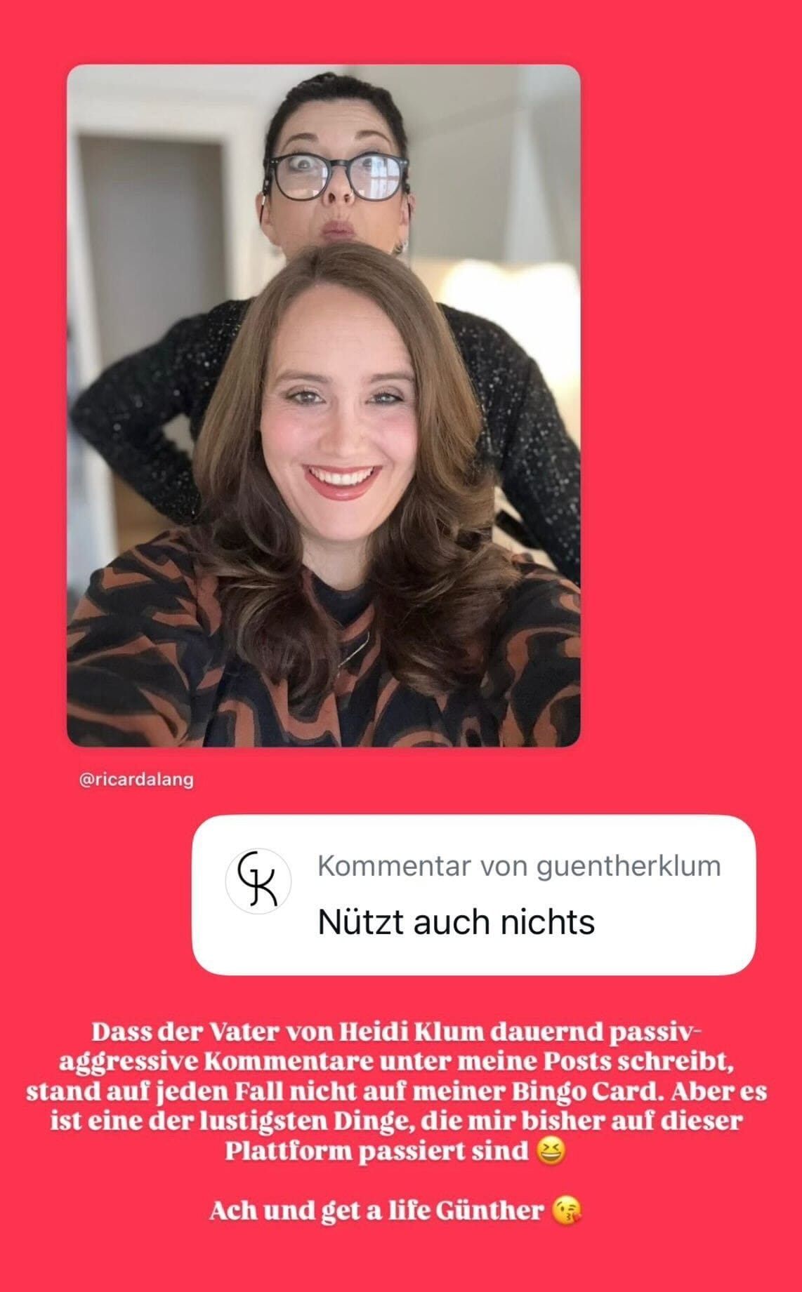 Ricarda Lang teilte den Kommentar von Günther Klum in ihrer Instagram-Story.