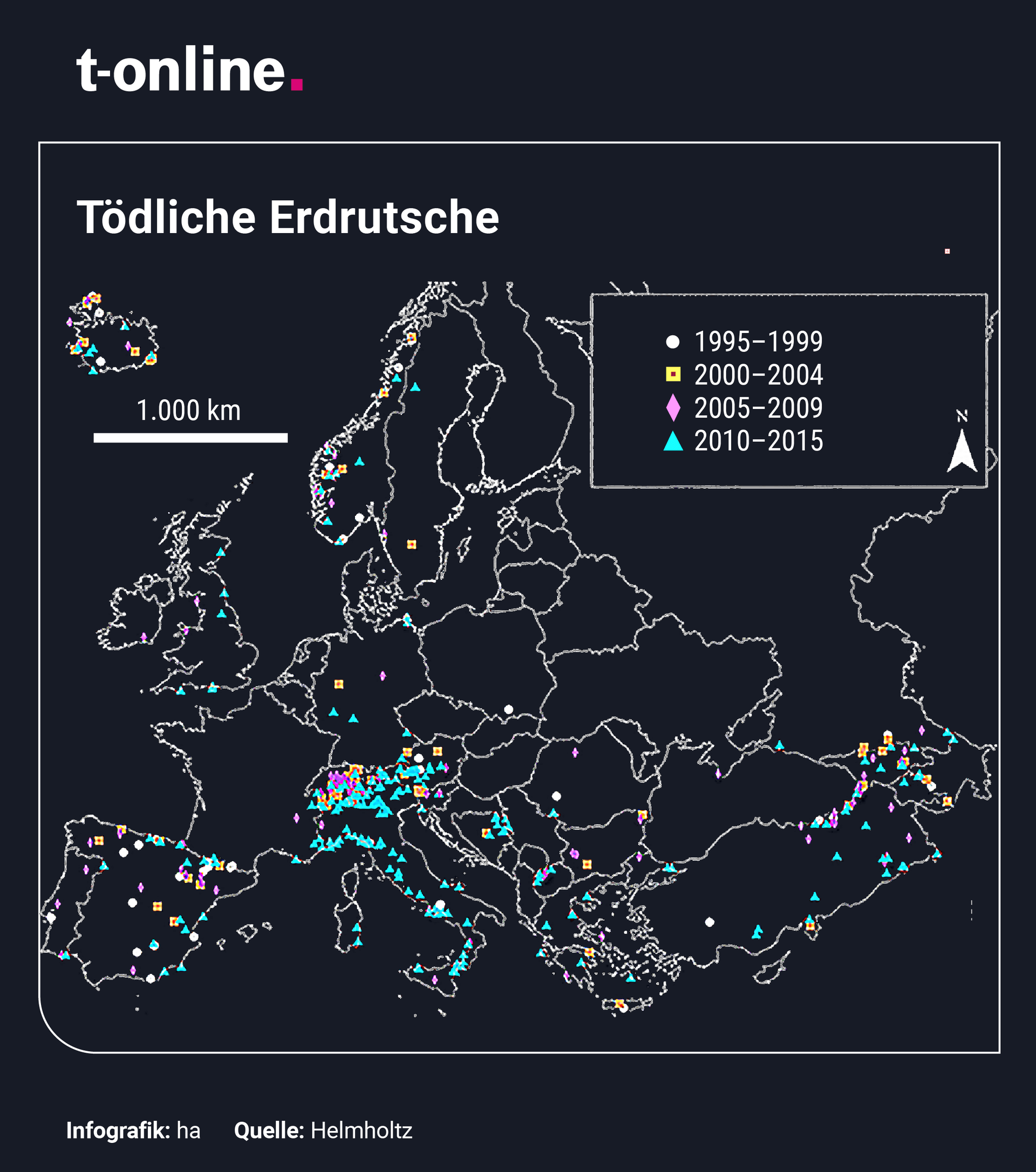 Tödliche Erdrutsche in Europa in den vergangenen Jahrzehnten.