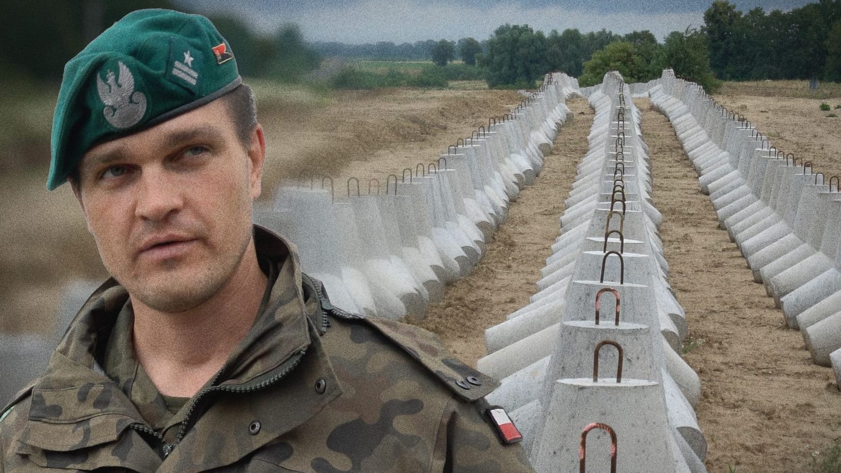 Polnischer Kampfingenieur Michał Bednarko vor dem "Ostschild" (Fotomontage): Die Anlage soll Polen im Falle eines Angriffs Zeit verschaffen.